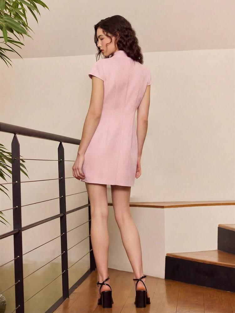 Elegant Festive Pink Tweed Mandarin Collar Mini Dress Women's Pink Dress Short Sleeve Dress Dress With Mandarin Collar Spring Summer