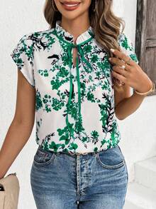 SHEIN Clasi 女士碎花荷叶边系带衬衫 - 綠色 - 查看 5