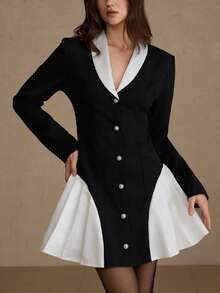 BELROSIE Abito blazer elegante e retrò in stile francese, con colletto Peter Pan, decorazione con bottoni di perle, vita svasata, vestibilità slim, manica lunga, lunghezza corta - Bianco e nero - Visualizzare 1
