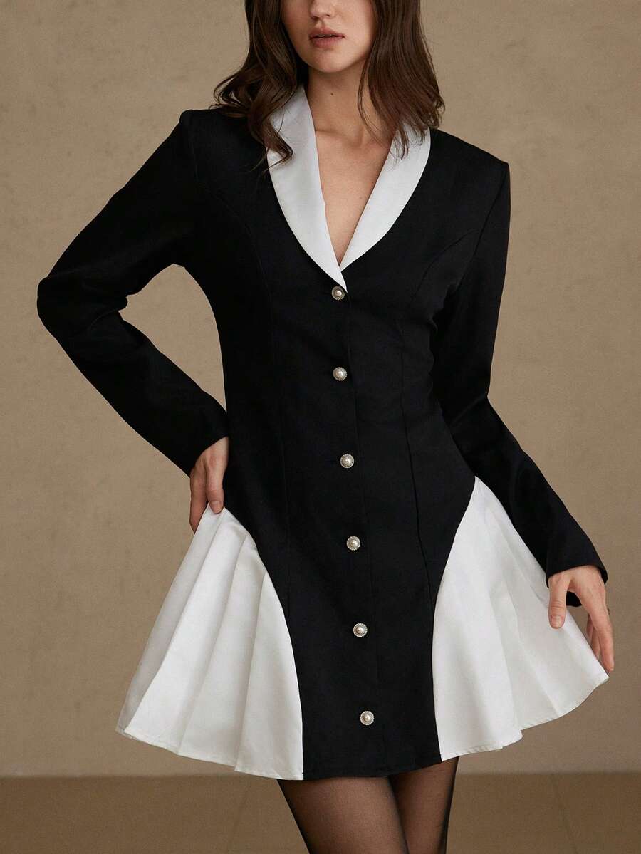 BELROSIE Abito blazer elegante e retrò in stile francese, con colletto Peter Pan, decorazione con bottoni di perle, vita svasata, vestibilità slim, manica lunga, lunghezza corta - Bianco e nero - Visualizzare 1