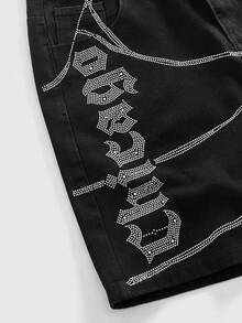 ROMWE MEN Street Life Men's Rhinestone Button Pocket Casual Versatile Daily Wear Denim Shorts - Black - View 4