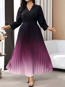 Modelyn Plus Size Elegant Commuter Ombre Pleated Hem Dress - Multicolor - View 4