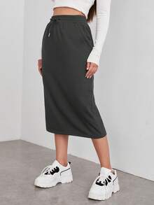SHEIN EZwear Bộ áo nỉ dệt kim và chân váy nữ kiểu dáng thường ngày, chân váy dài mùa xuân/hè, chân váy thể thao, chân váy midi màu xám, chân váy cạp chun, chân váy midi có dây rút, chân váy jogger, chân váy nữ, chân váy nữ. - Xám - Xem 3