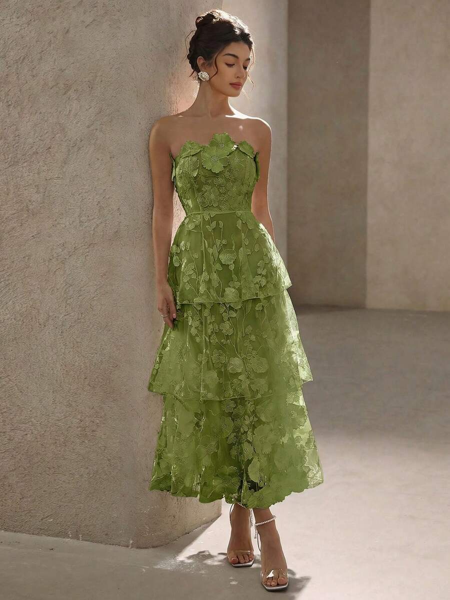 BELROSIE Solid Color Luxurious High-End Party Floral 3D Strapless Dress, Suitable For Spring And Summer, Valentine's Day - Green - View 1