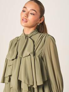 MISSGUIDED Olive Chiffon Tie Neck Ruffled Mini Dress With Volume Balloon Sleeves And Tiered Frills For Fall Winter Special Occasions - Olive Green - View 5