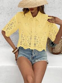 Vivid Eden Áo sơ mi nữ tay ngắn, kiểu dáng thường ngày, chất liệu vải dệt họa tiết, thích hợp cho kỳ nghỉ. - Màu vàng ngỗng - Xem 8
