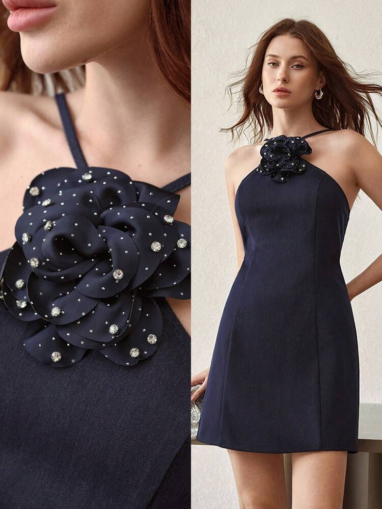 RHINESTONE 3D FLORAL DECOR WAIST CINCHED SHORT HALTER NECK DRESS