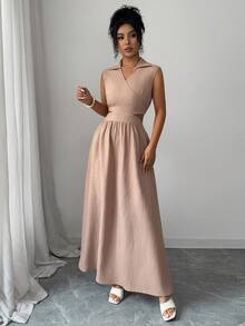 EMERY ROSE Damen Khaki Wellentextur V-Ausschnitt Taillengürtel rückenfreies sexy A-Linien Kleid - Khaki - Übersicht 6
