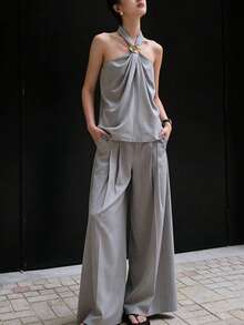 INAWLY Women's Solid Color Metal Decor Halter Top And Pleated Wide Leg Pants Suit - Grey - View 4