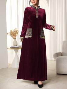 Al Najma Women's Elegant Arabic Style Floral Print Patchwork Long Sleeve Dress - Burgundy - View 1