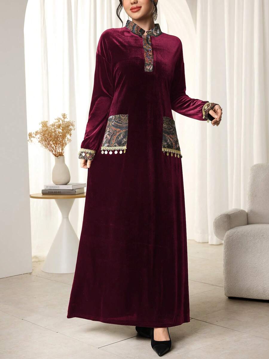 Al Najma Women's Elegant Arabic Style Floral Print Patchwork Long Sleeve Dress - Burgundy - View 1