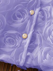 SHEIN 一套两件女婴时尚优雅甜美3D玫瑰花贴花纹理柔软网纱荷叶边短袖上衣衬衫半裙两件套服装套装，适合派对、生日、复活节、假期、夏季和春季穿着。 - 紫色 - 查看 6
