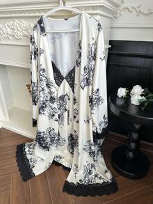 Dazy Plus Conjunto de lencería informal de talla grande para mujer con vestido camisola de encaje y estampado floral, y bata larga de frente abierto - Albaricoque - Ver 3