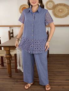 Lacomfia Ensemble 2 pièces grande taille couleur unie manches courtes patchwork dentelle décontracté femme été - Bleu azur - Voir 6