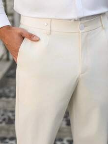 Manfinity Mode Men's Cream White Linen Pants,Summer Business Casual Tapered Suit Pants For Wedding,Formal Ceremony,Daily Office,Commuting & Outings - Beige - View 6