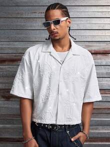 AXEPEAK 男士简约时尚纯色3D立体花卉图案衬衫，适合日常穿着 - 白色 - 查看 7