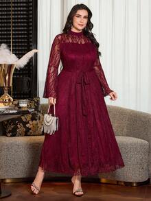 Modelyn Elegant Solid Color Lace Long Sleeve Cinched Waist A-Line Plus Size Dress, Suitable For Spring And Summer Fall - Burgundy - View 6