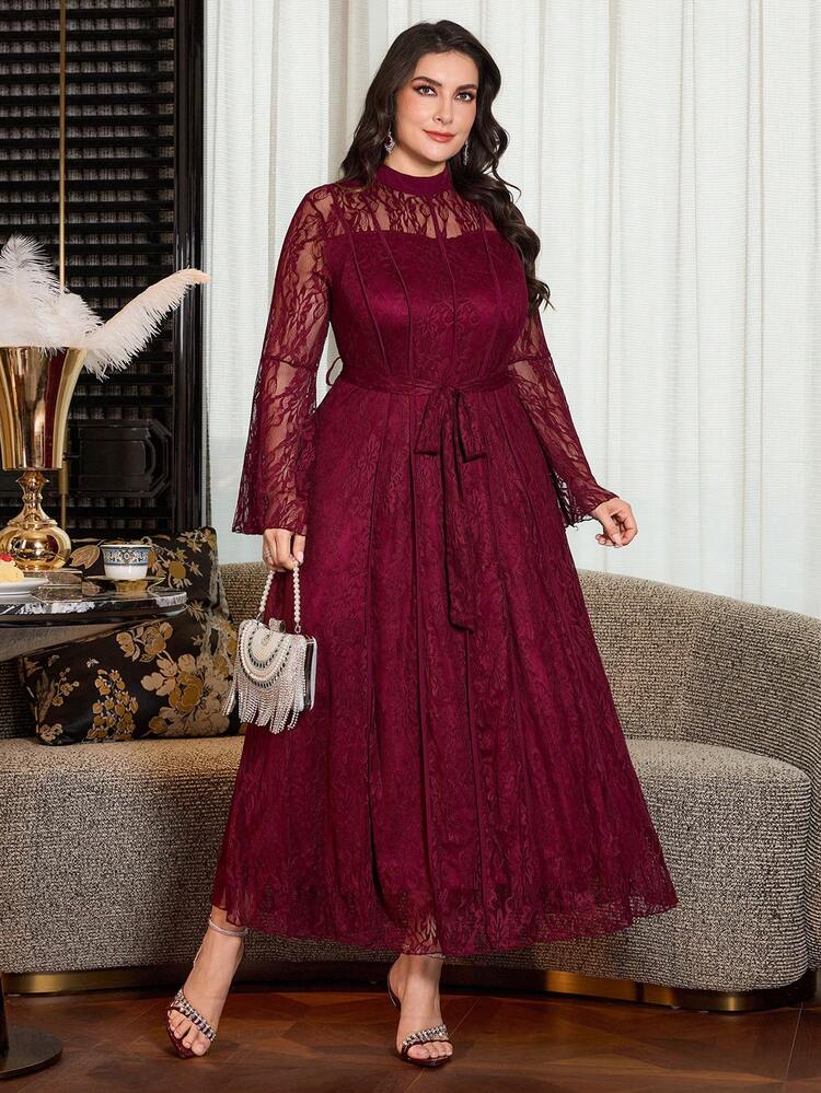 Modelyn Elegant Solid Color Lace Long Sleeve Cinched Waist A-Line Plus Size Dress, Suitable For Spring And Summer - Burgundy - View 6