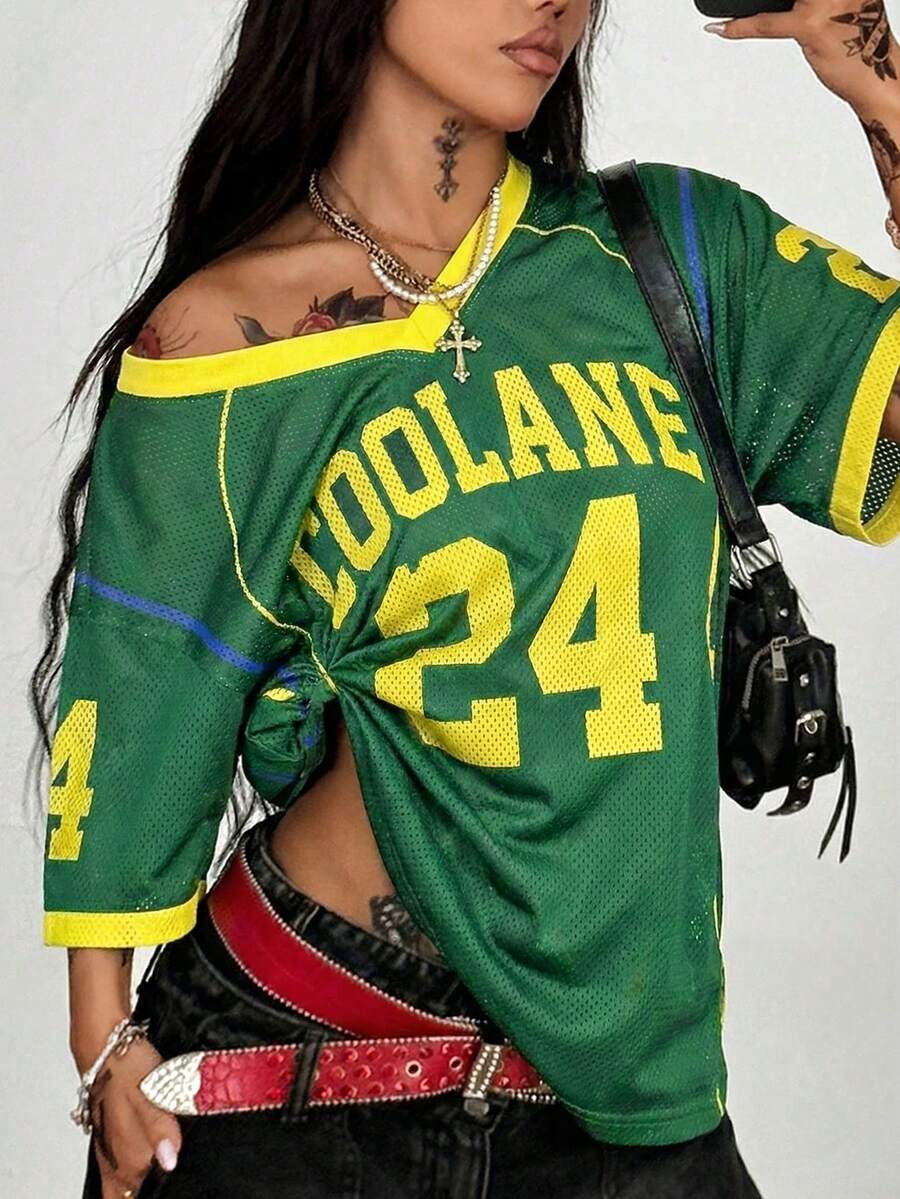 Coolane 女士春夏节日复古街头运动迷彩数字印花棒球衫T恤 - 綠色 - 查看 1