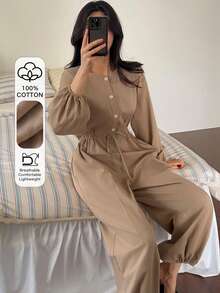 DAZY Combinaison ample pour femme avec manches lanternes et taille resserrée, couleur unie minimaliste, tenue de détente - Camel - Voir 4
