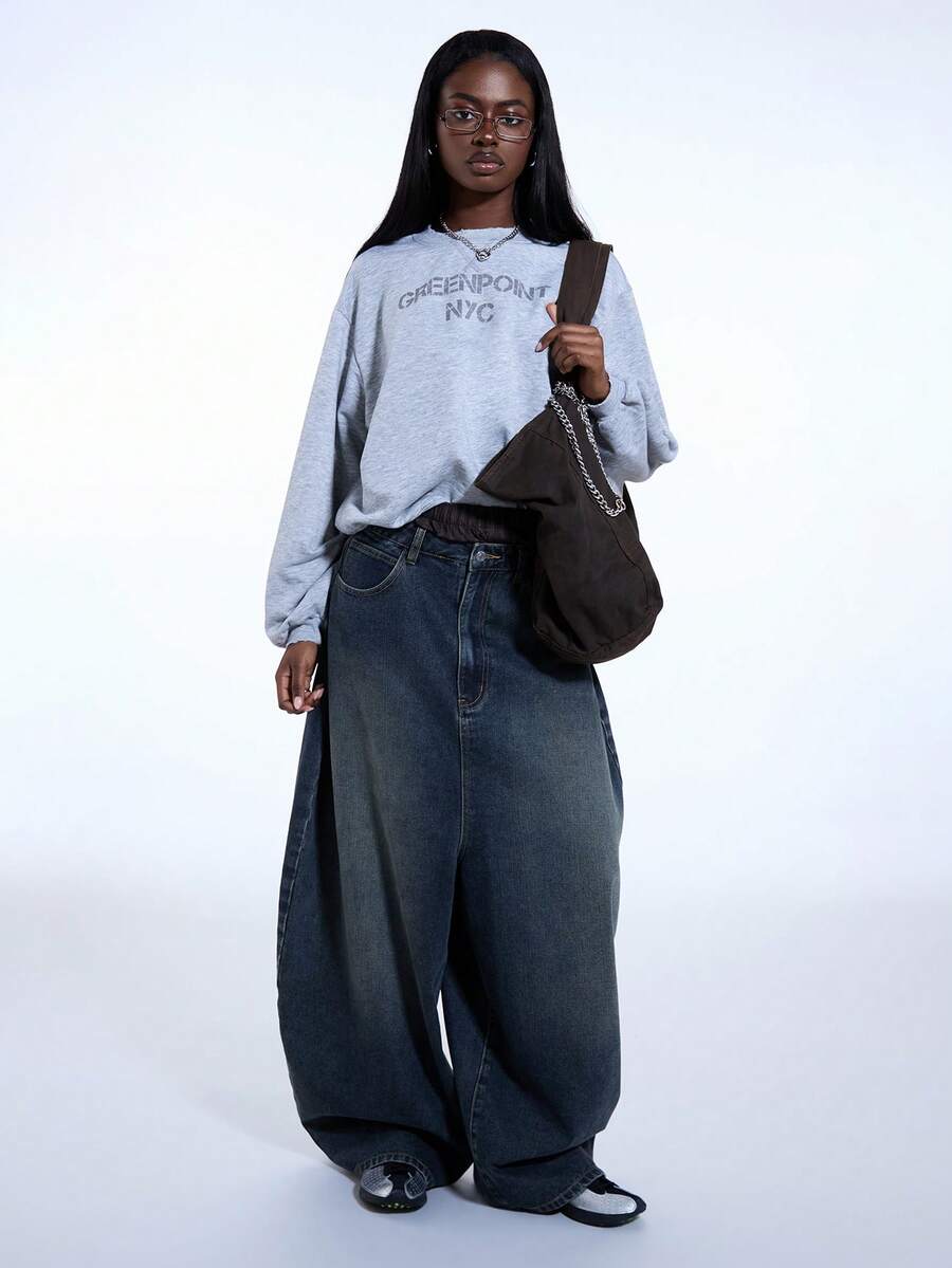 COUREZ Low Rise Drop Crotch Extreme Baggy Balloon Jeans With Back Square Pockets In Washed Denim /Y2K Winter Clothes For Women Street Streetwear Cotton Baggy Jeans Casual Going Out Outfits Birthday Outfits