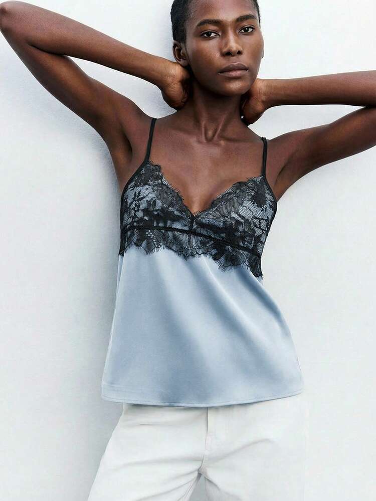 SHEIN Maija Women's Lace Collar Decor Camisole Top, Elegant Urban Commute Business Casual, Suitable For Christmas, New Year, Party, Office Wear