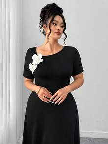 Elenzga Plus Size Women Asymmetrical Neckline Floral Decor Short Sleeve French Chic Midi Dress - Black - View 6