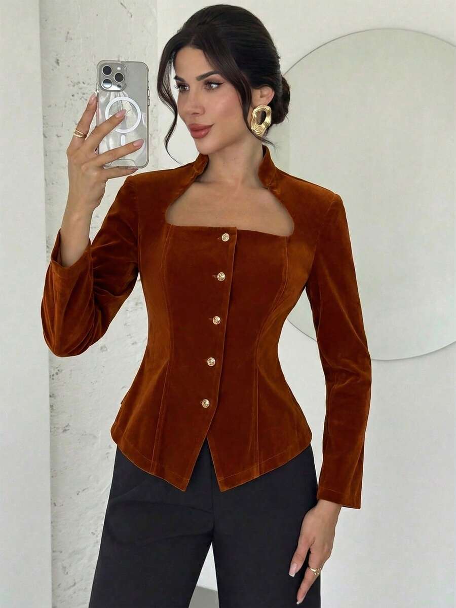 Firerie Elegant Coffee Brown Polyester Top With Unique Square Neck And Long Regular Sleeves Featuring Button Details - Coffee Brown - View 1
