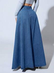 Slaydiva Plus Size Solid Color Button Pleated Casual Versatile Denim Skirt - Blue - View 2
