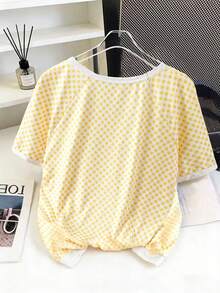 SHEIN Ladiora Women's Yellow Plaid T-Shirt With Bow Collar Design, Regular Fit Casual Commuter Style For Outings, Gatherings, Daily Wear, Spring/Summer - Multicolor - View 2