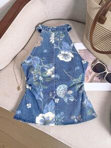 Muvela Áo sơ mi denim cổ yếm in hoa dáng casual dành cho nữ, áo mùa hè, áo mùa xuân, áo lễ Phục sinh, áo lễ hội, áo dự tiệc, trang phục đi biển cho nữ, áo tốt nghiệp, áo sơ mi nữ thanh lịch, áo sơ mi nữ casual, trang phục đi nghỉ mát, trang phục đi biển cho nữ, áo màu xanh dương, áo denim cổ yếm in hoa sành điệu không tay cài nút dành cho nữ, thời trang mùa hè - Rửa nhẹ - Xem 2