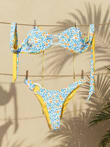 Swim Mod Women's Bandeau Backless Tie-Back Circular Ring Ditsy Floral Reversible Bikini Set Set With Detachable Straps, Suitable For Spring, Summer And Autumn Beach Vacation Bikini Set Vacation Flower Bikini - Multicolor - View 4