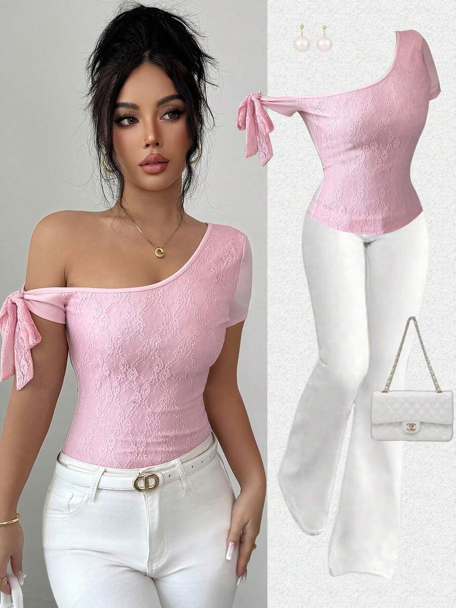 Elenzga Elegant Summer Knitted T-Shirt For Women - Pink - View 1