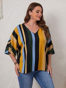 EMERY ROSE Plus Size V-Neck Batwing Sleeve Striped Decor Loose Casual Shirt, Summer - Blue - View 3