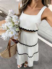 Pariaura Elegant Black And White Contrast Wave Ribbon Two Pieces Set,Square Neck Cami & Tiered Maxi Skirt,Summer Holiday Tea Party Chic Slim-Fit Vintage Set - White - View 3