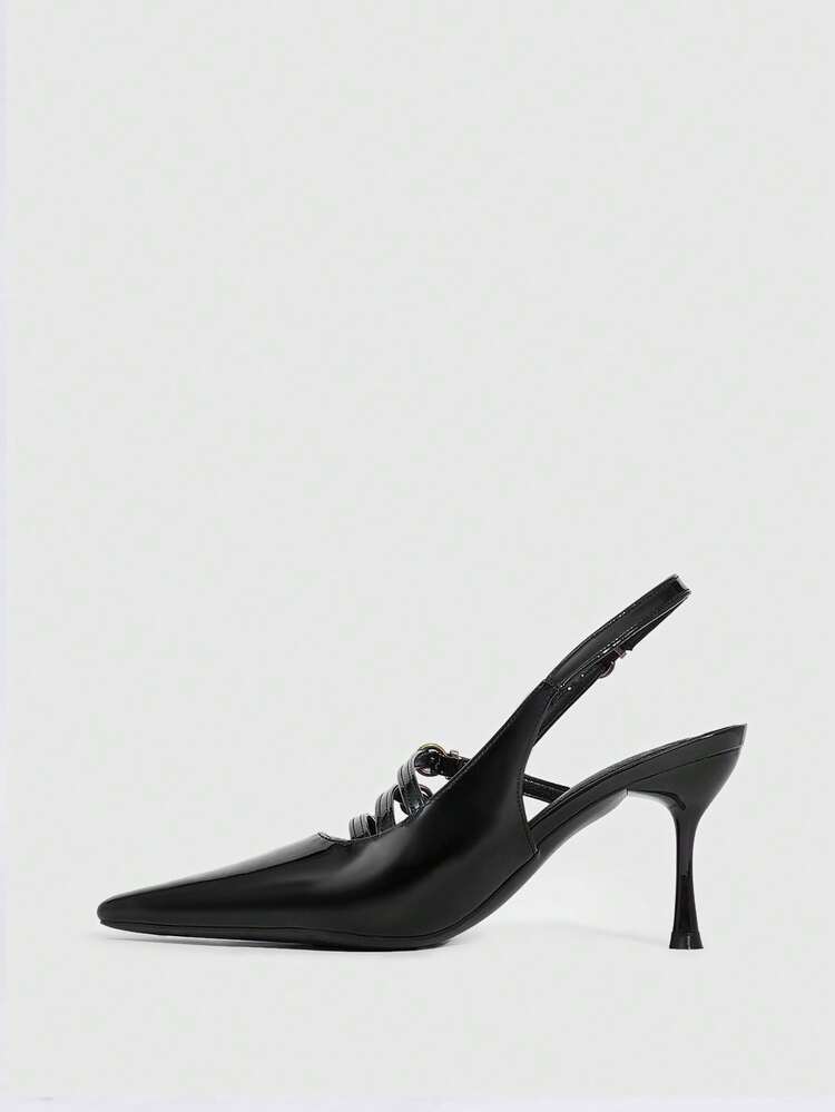 CUCCOO SZL Women's Pointed Toe Black Patent Leather Metal Buckle Minimalist Sexy Stiletto Heel Slingback Pumps