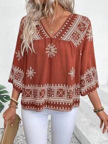 EMERY ROSE 图案 V 领休闲度假亚麻质感衬衫 - 彩色 - 查看 3