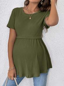 SHEIN Elegant Romantic Gender Reveal Party Round Neck Short Sleeve Maternity T-Shirt - Army Green - View 3