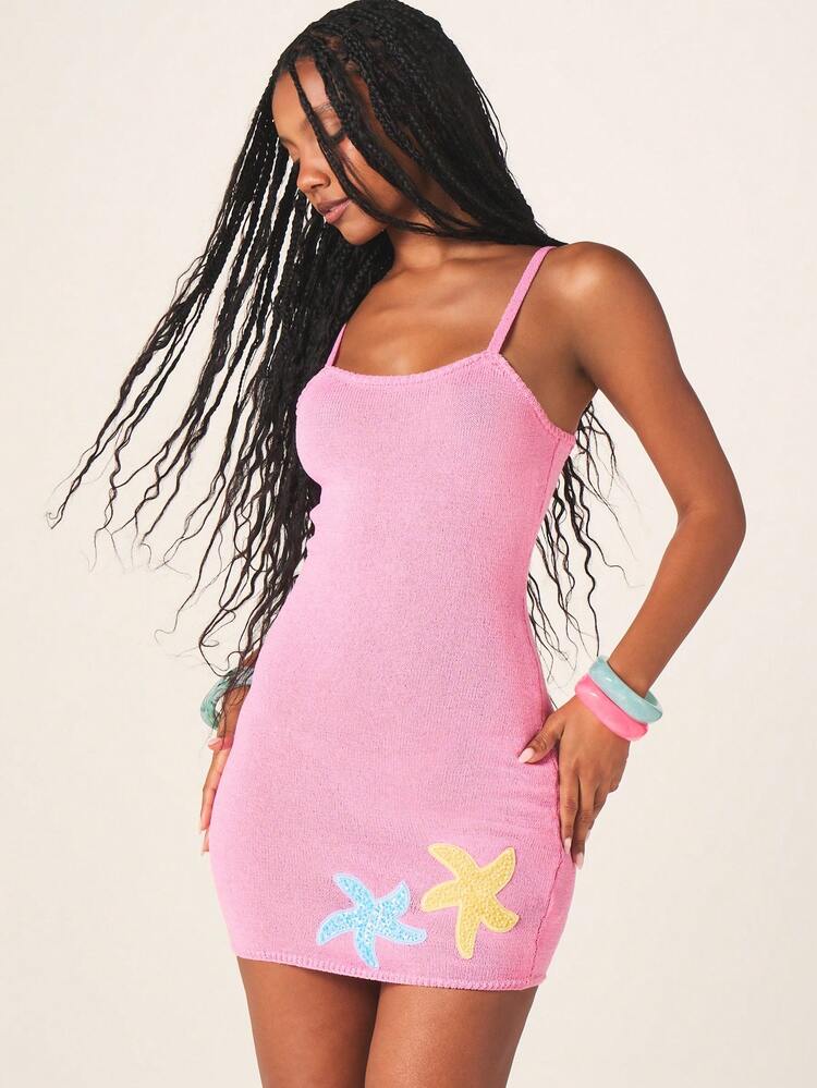 MISSGUIDED Robe mini côtelée sans manches avec applique d'étoile de mer pailletée. Robe d'été décontractée de plage, moulante, avec bretelles spaghetti