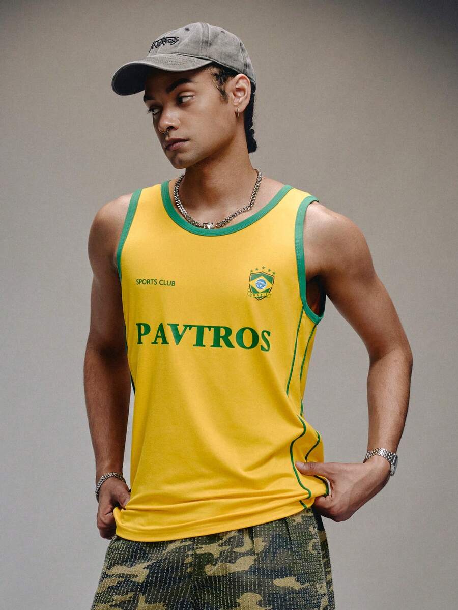 PAVTROS 男士街头风紧身背心，巴西风情，运动休闲新款，独特风格，撞色T恤，紧身背心，品牌标志，主题设计，适合日常穿着、运动、休闲、主题活动、节日礼物、男友礼物。男士背心，黄色，宽松款，男士背心，黄色背心，男士无袖背心。 - 黃色 - 查看 1