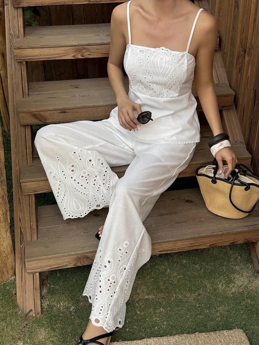 Livesso 女士度假镂空刺绣吊带背心和裤子休闲两件套 - 白色 - 查看 1
