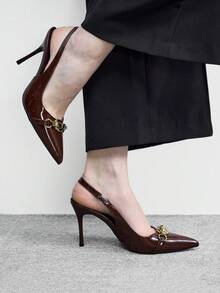 CUCCOO BIZCHIC 女士春夏金属扣尖头缝线高跟鞋，9厘米亮面漆皮纯色高跟鞋，适合通勤、约会、日常聚会等场合。 - 棕色漆皮 - 查看 5