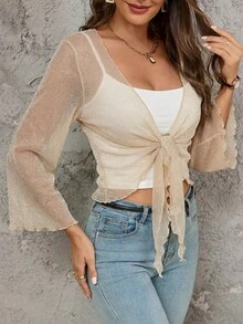 SHEIN Clasi 女士夏季荷叶边薄纱系带喇叭袖衬衫 - 杏色 - 查看 4