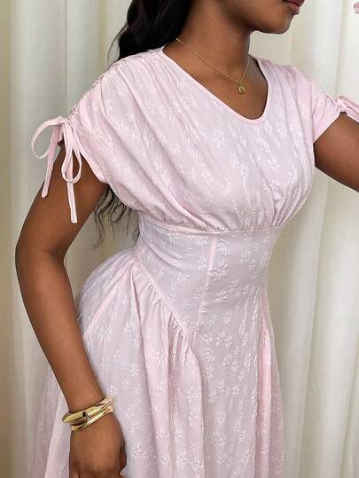 Xyvia Women's Pink Floral Jacquard Textured Fabric Round V-Neck Ruched Sleeve Tie Design Waist Flared Dress, Elegant And Graceful, Suitable For Birthday, Date, Party, Valentine's Day, Labor Day, Easter, Teacher's Day, Back To School, Garden, Wedding, Travel, Casual, Spring/Summer New Fashion Essential