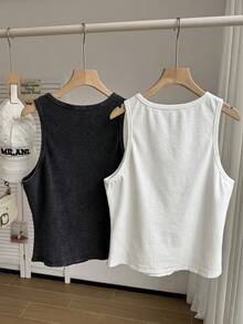 Comfortcana 2 piezas Camiseta de punto de cuello redondo sin mangas, unicolor negro y blanco, lavada y cómoda, talla grande, primavera/verano - Multicolor - Ver 2
