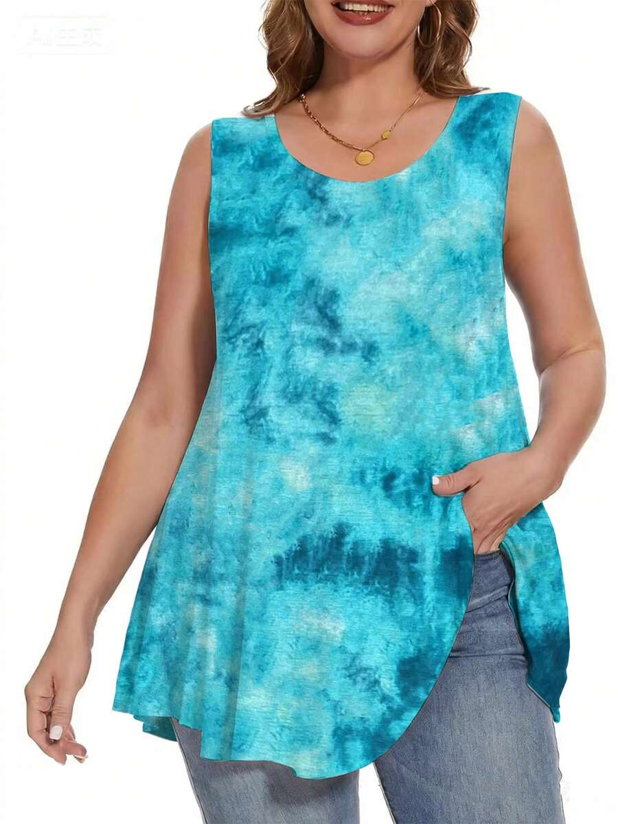 EMERY ROSE Large-Sized Tie-Dye Printed Tank Top, Comfortable Summer Tank Top. - Multicolor - View 1