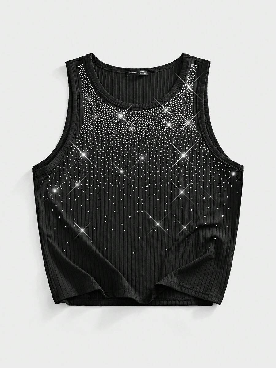 EASEVO Plus Size Men's Crew Neck Sleeveless Ribbed Rhinestone Embellished Tank Top - Black - View 1