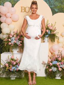 Loomaby White Summer Elegant Silky Baby Shower Maternity Dress,Lace Mermaid Gender Reveal Formal Party Gown,Wedding Guest Dress For Pregnant Women Outfit - White - View 6