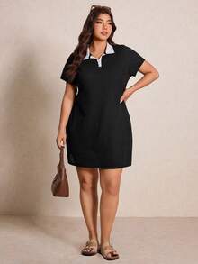 Elaquor Plus Size Color Block Collar Short Sleeve Dress, Summer Dresses - Black - View 4