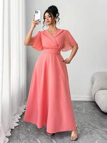 Elenzga Damen Große Größen V-Ausschnitt Geraffete Taille Patchwork Rüschenärmel Lässig Alltags Elegantes Kleid, Damen Große Größen V-Ausschnitt Kurzarm Bindegürtel Schlank Langes Kleid, Damen Große Größen Taille Eingeschnürt Schlank Midi A-Linie Kleid - Korallenrosa - Übersicht 6